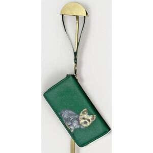 CHELMON Green Faux Leather Wristlet Appears to be Hand Painted Yorkie Front Back